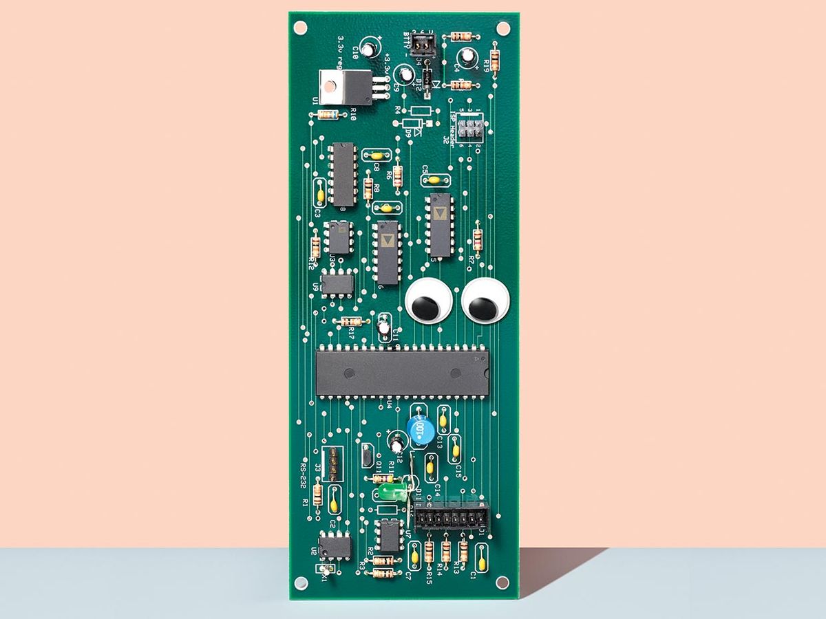 Image of a circuit board with googly eyes on it.