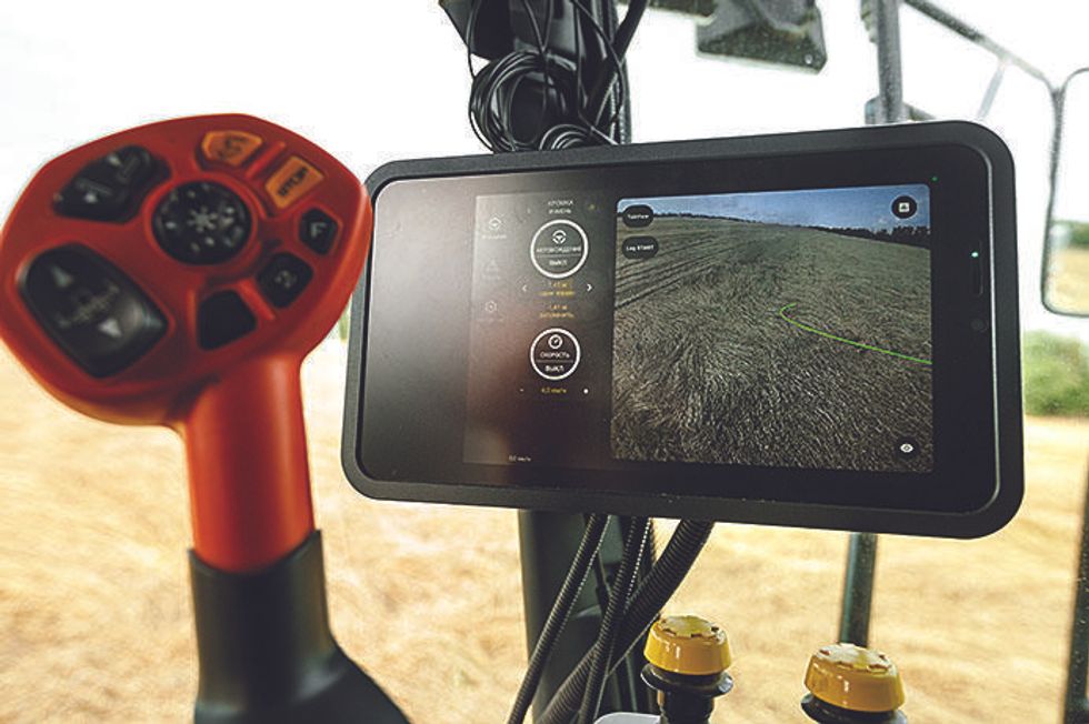 Image of a device showing the crops ahead of the combine harvester.