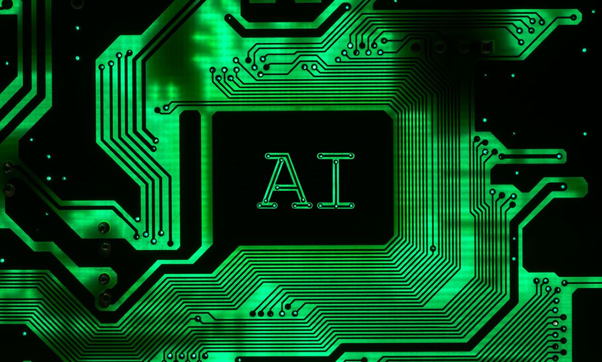 Image of a green circuit board with AI on it, also in green.