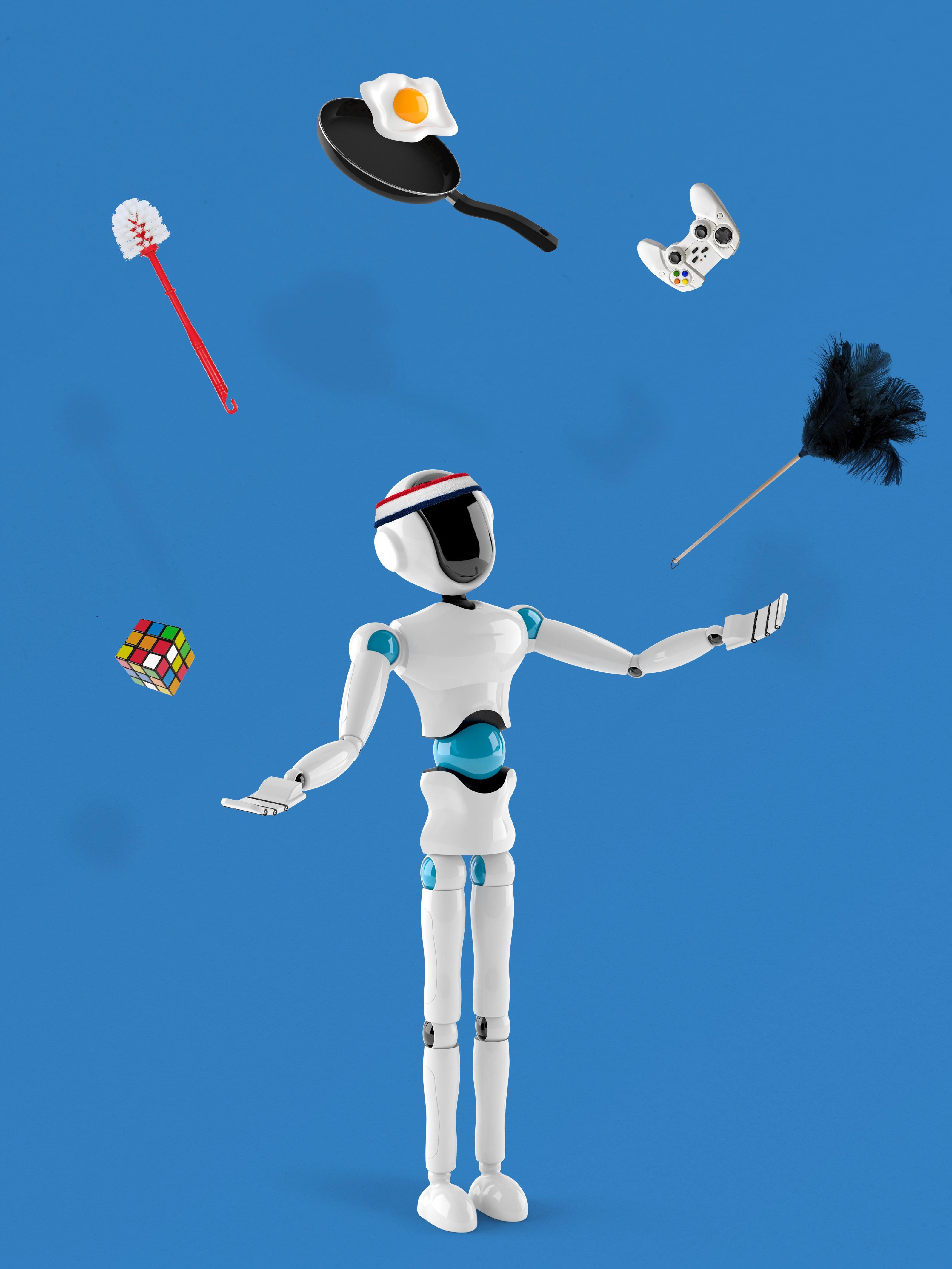 Image of a robot juggling multiple items into the air.
