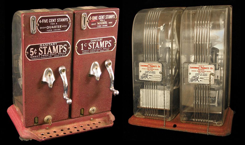 Image of a stamp vending machine from the past.
