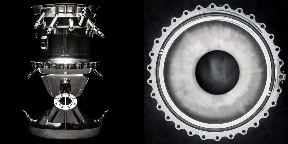 Image of Aeon engine, shown in side view (left) and from the bottom (right).