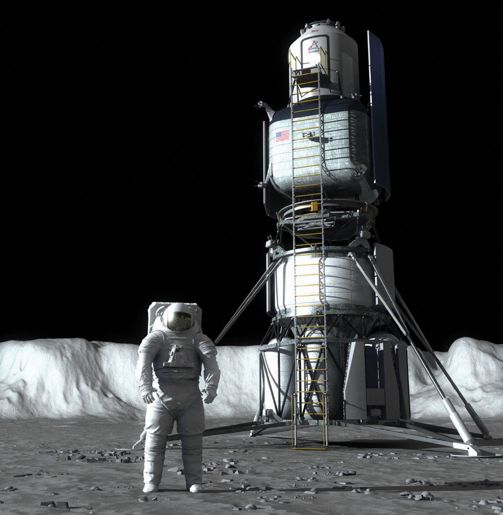 Image of an astronaut on the moon next to a lander.