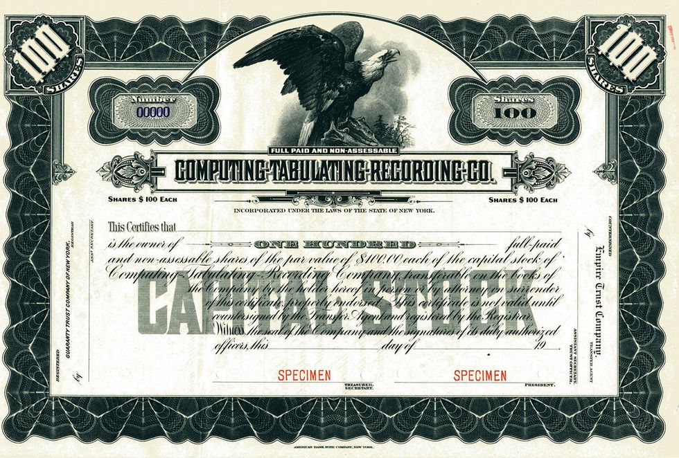Image of an old-fashioned stock certificate for the Computing-Tabulating-Recording Co.
