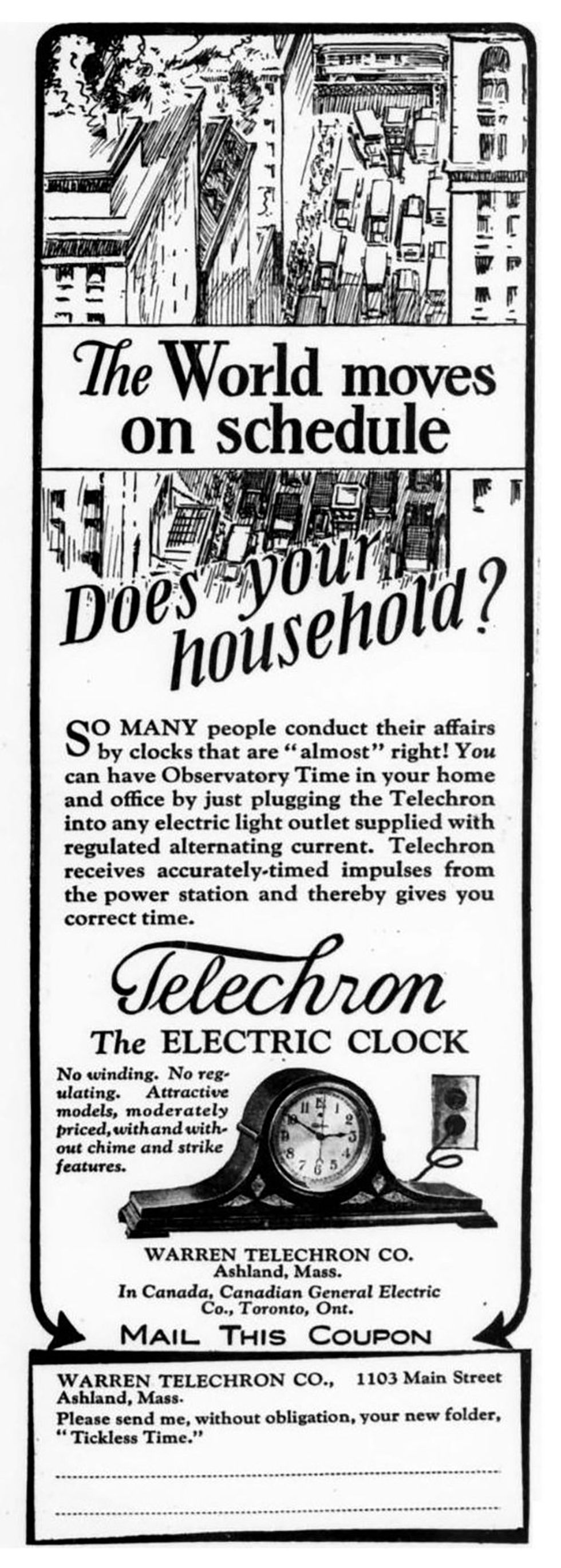 Image d’une ancienne publicité dans un magazine pour une horloge électrique.