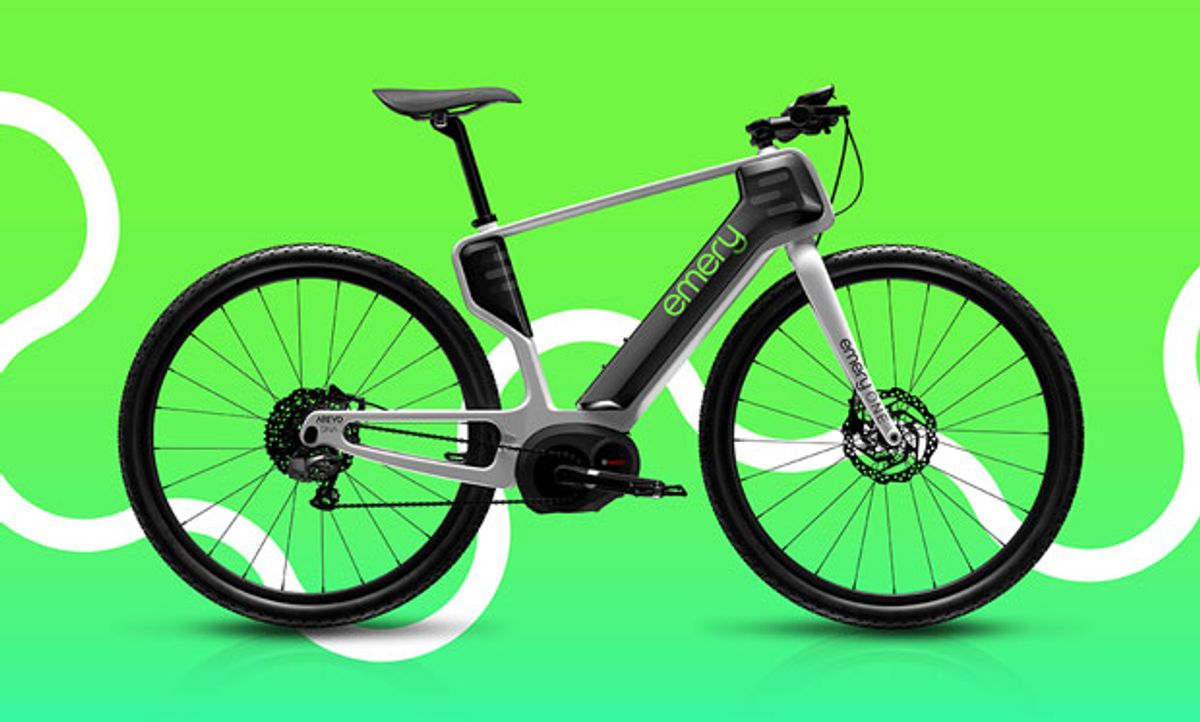 Image of Arevo's Emery bike on a green background.
