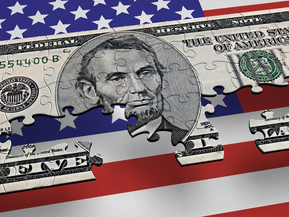 Image of flag with $5 bill as part of puzzle