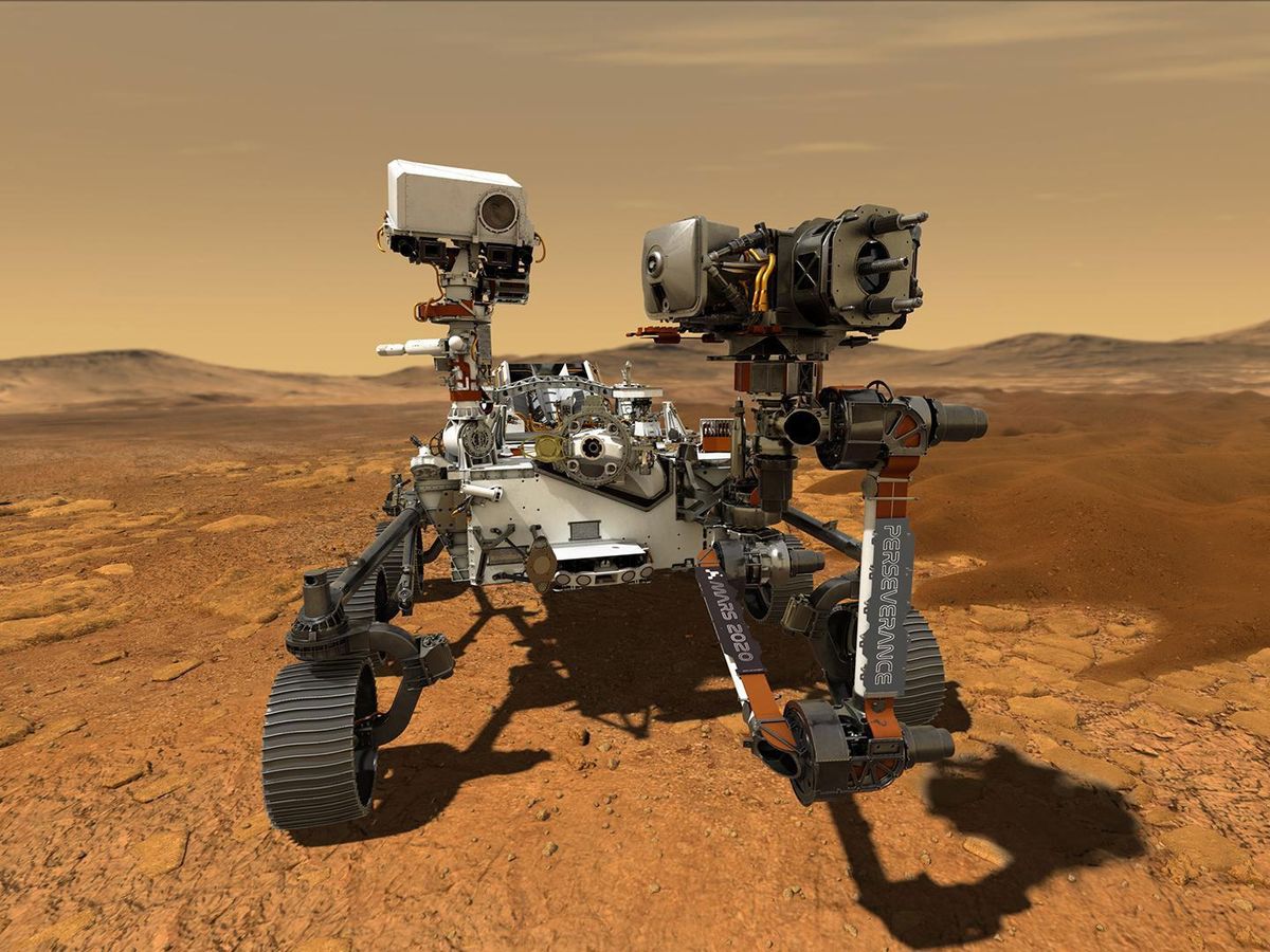 Image of Mars Perseverance rover with scientific instruments on extended robotic arm