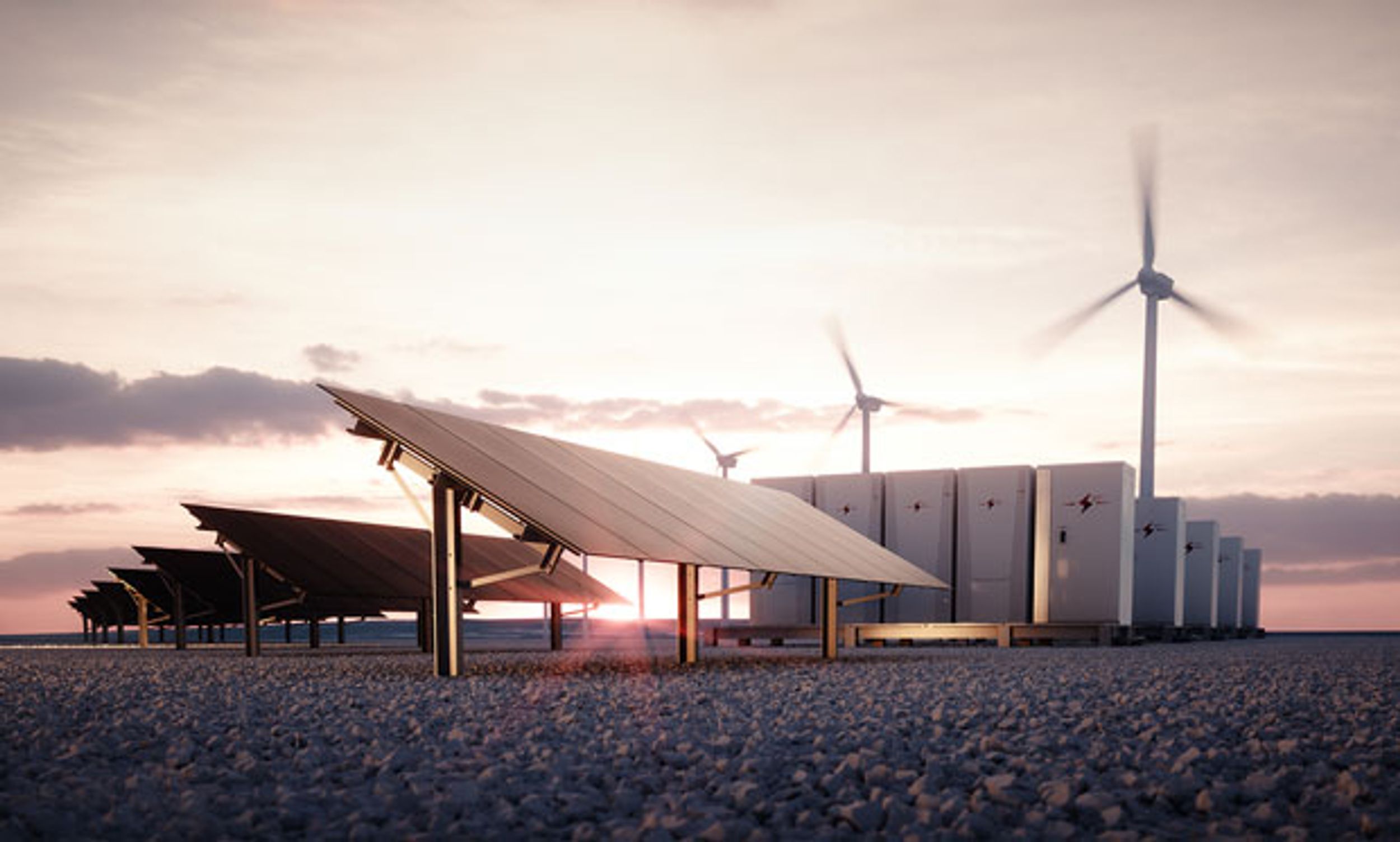 Image of new renewable energy technologies at dawn.