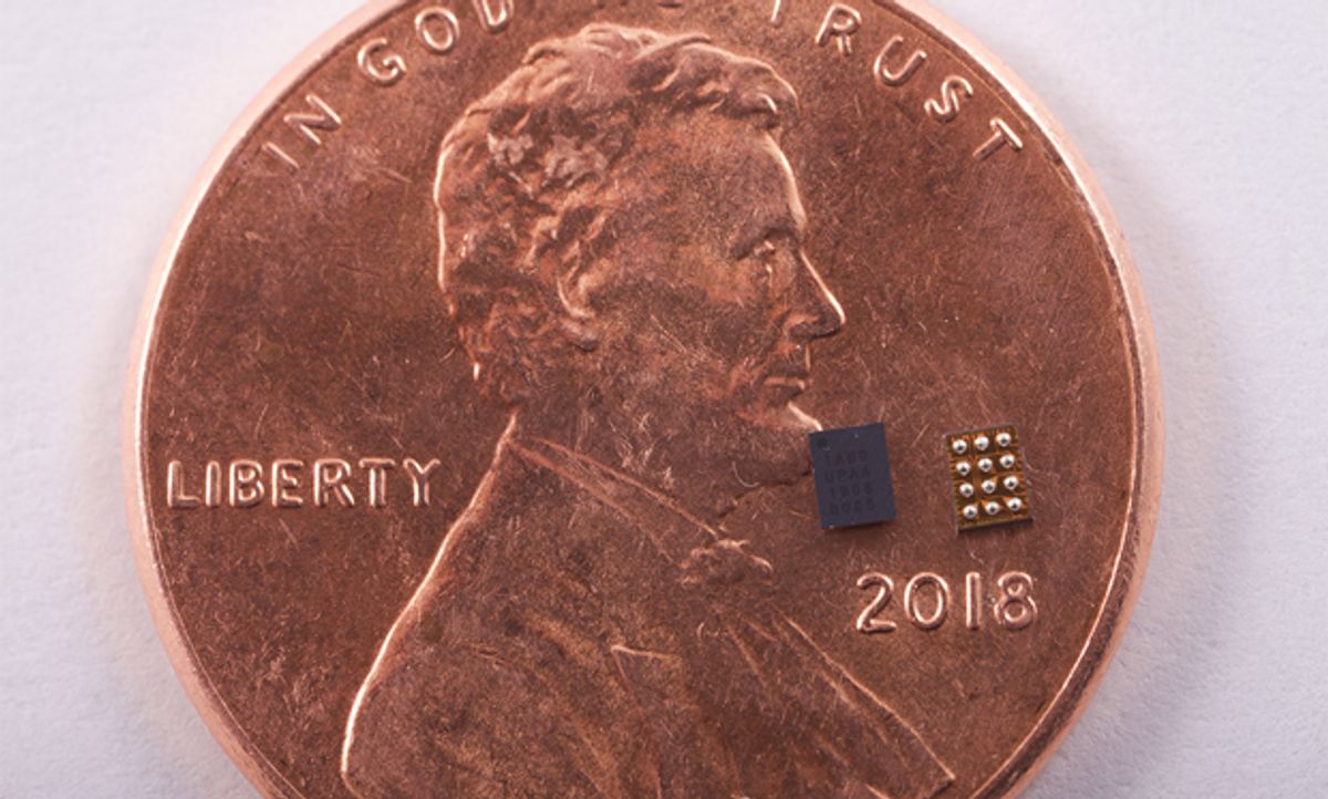 Image of the chip on a penny for size comparison.