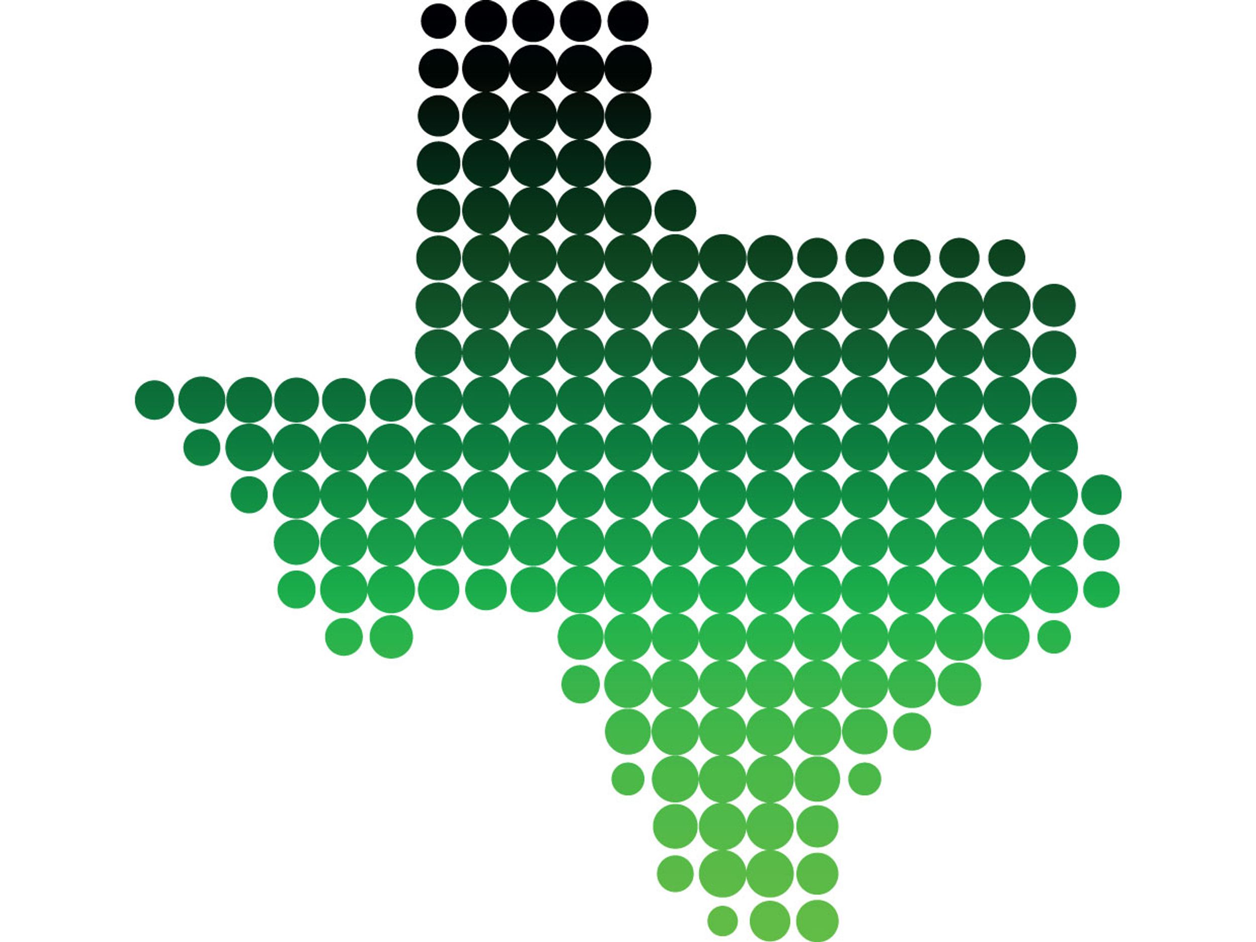 Image of the state of Texas made of different shades of green circles.