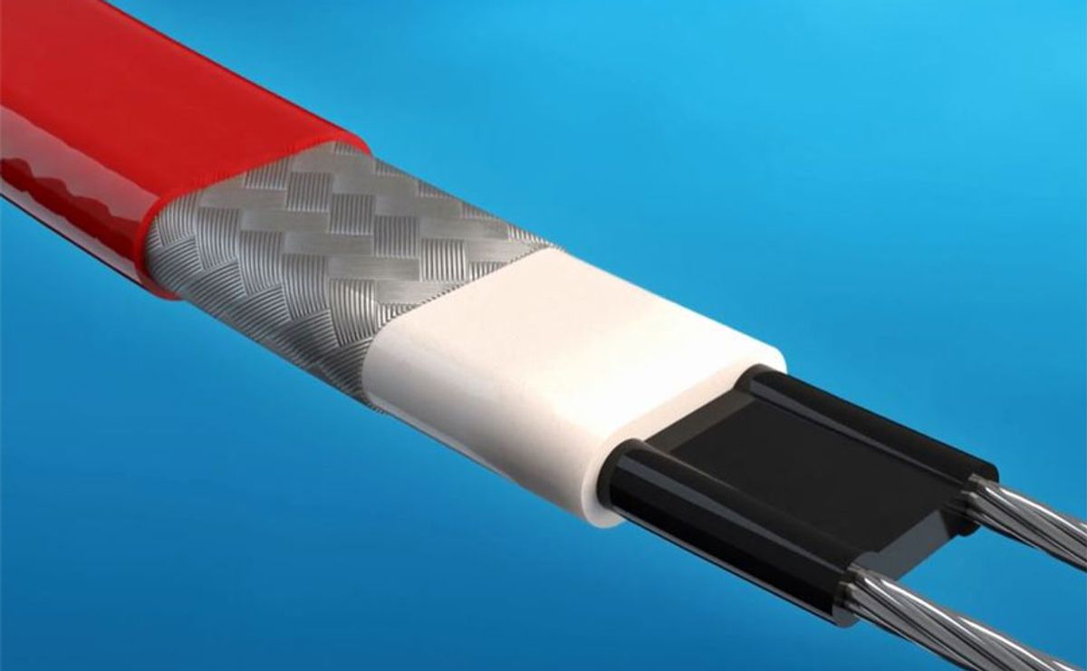 Image of the tech inside a self-regulation cable, all on a blue background.
