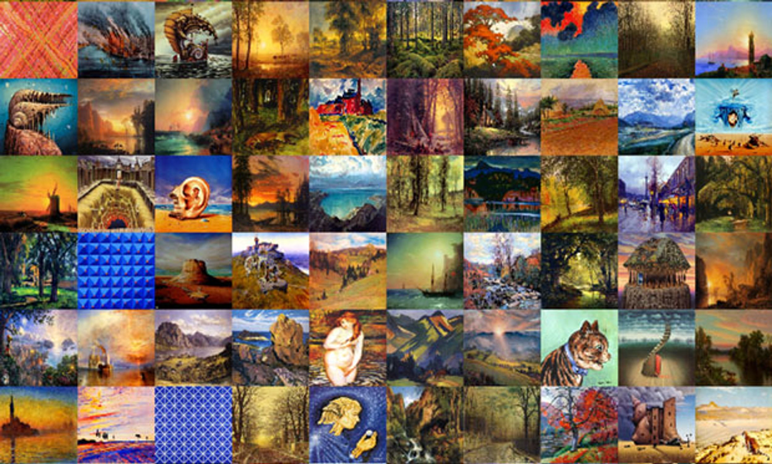 Image of top 100 artworks from the WikiArt collections with the highest predicted aesthetic scores.