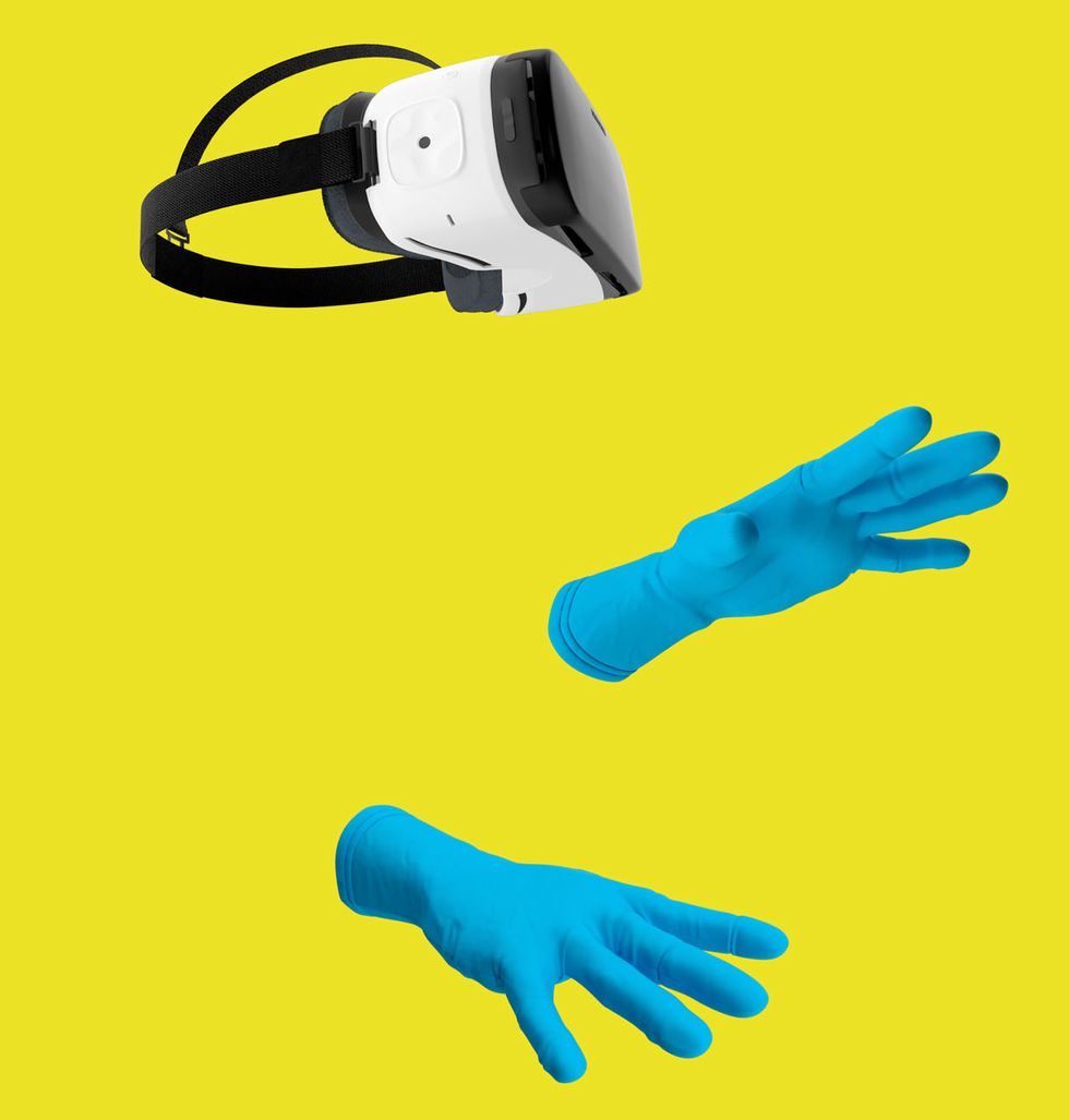 Image of VR headset with gloves on hands.
