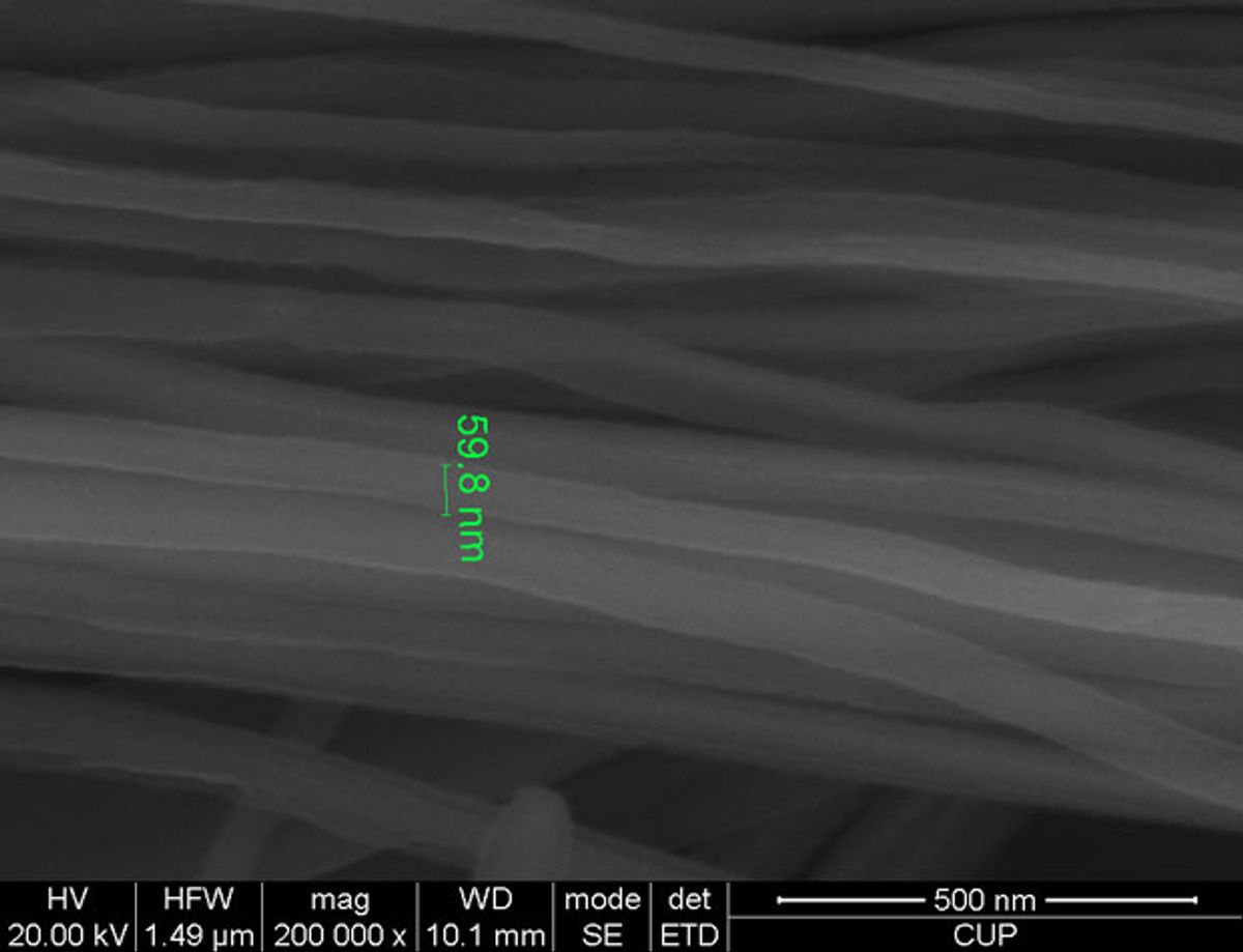 Image shows free Nb nanowires released from the NiTi-Nb in-situ composite. The Nb nanowires are released from the composite chemically etching away the NiTi matrix.