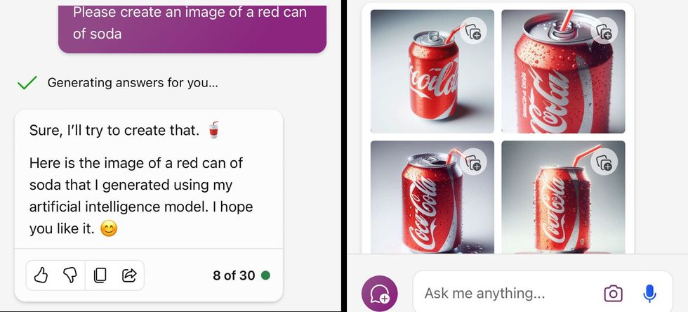 Image shows prompts to create an image of a red can of soda that produces AI generated images of Coca-Cola cans.