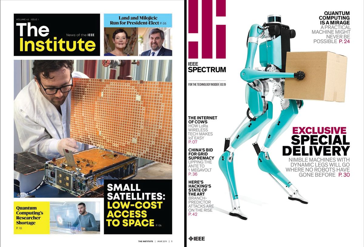 Image shows the new The Institute cover (left), next to a cover of IEEE Spectrum Magazine.