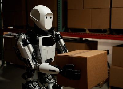 A black and white humanoid robot lifts a brown cardboard box