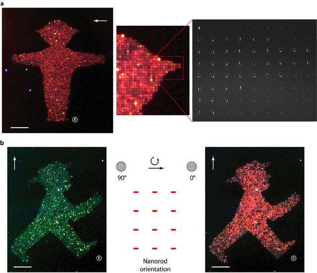 Scientists from IBM Research and ETH Zurich, arranged gold nanorods to display the STOP Ampelmann, which is 50 μm × 60 μm in size. 