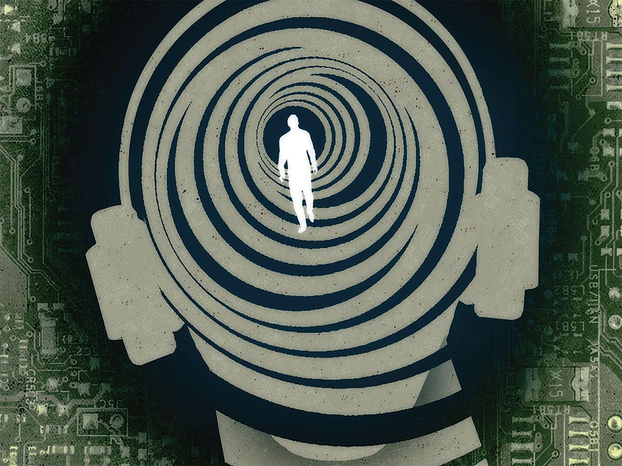 Illustration of man head background with small shadow of man walking inside spiral.