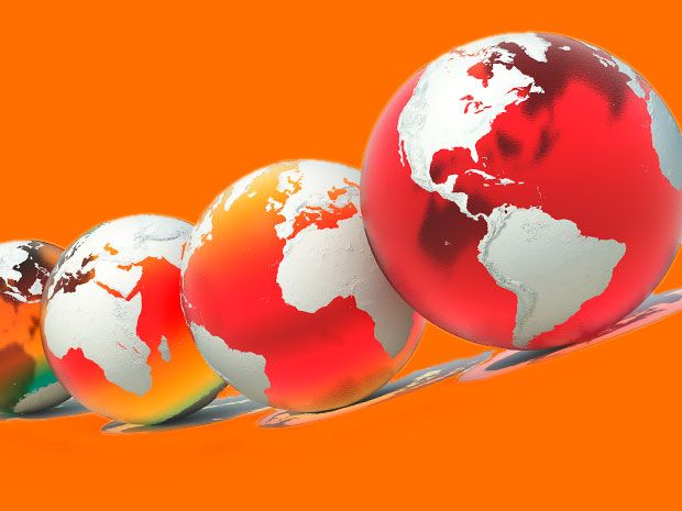 A series of four globes on an orange background. The oceans of each globe are progressively more red
