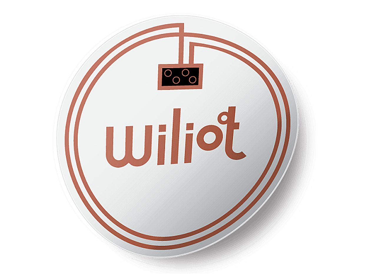 An illustration shows a mockup of Wiliot's no-battery bluetooth beacon, which looks like a flexible red and white button with Wiliot's logo. 