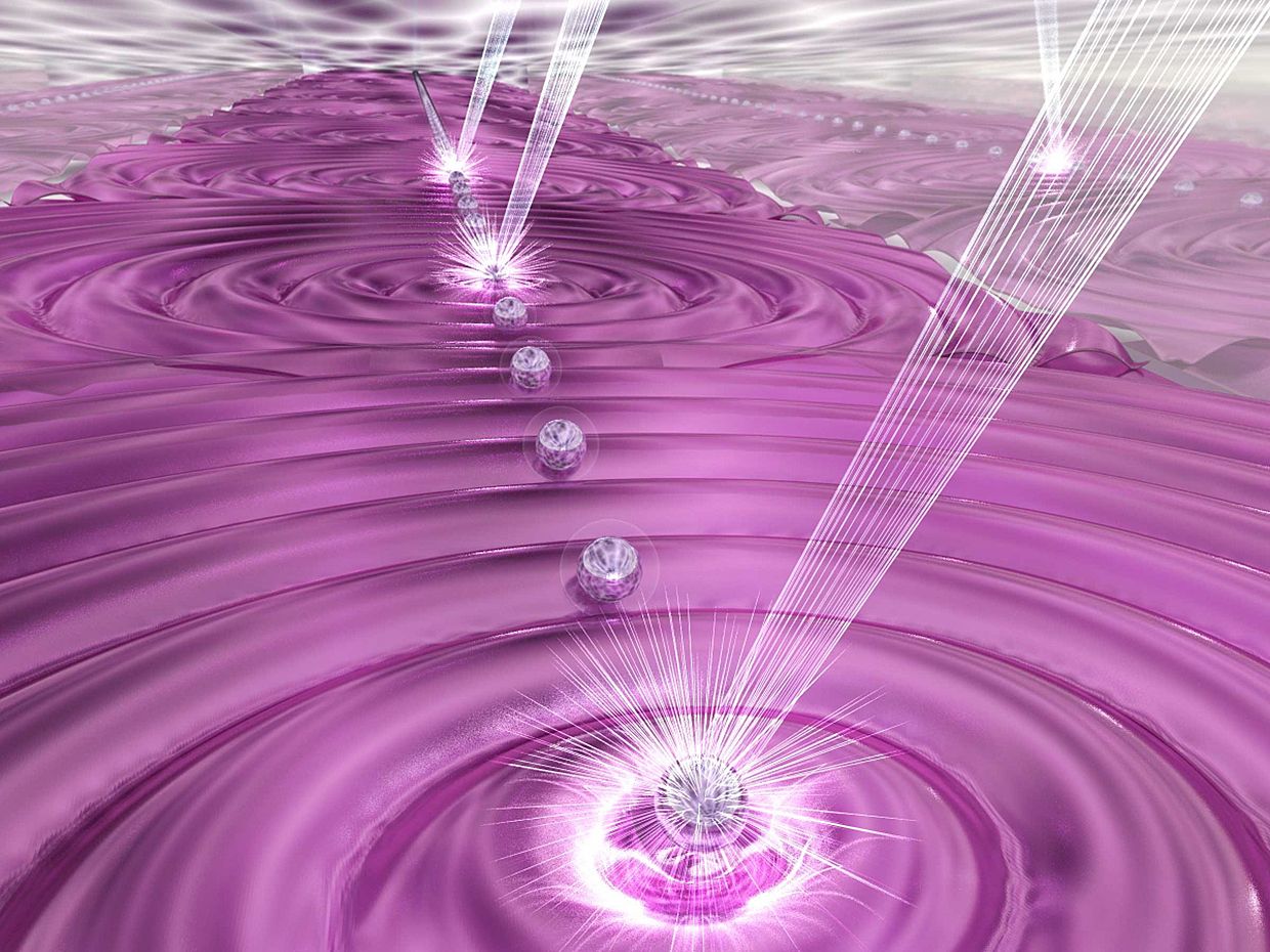 An artist's depiction of a quantum simulation. Lasers manipulate an array of more than 50 atomic qubits to study the dynamics of quantum magnetism.