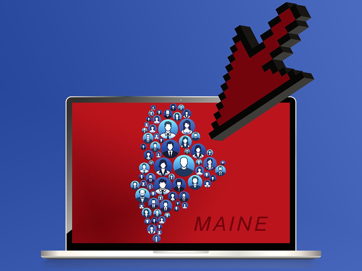 Illustration of the state of Maine made up of people, on a computer with a pointer arrow.