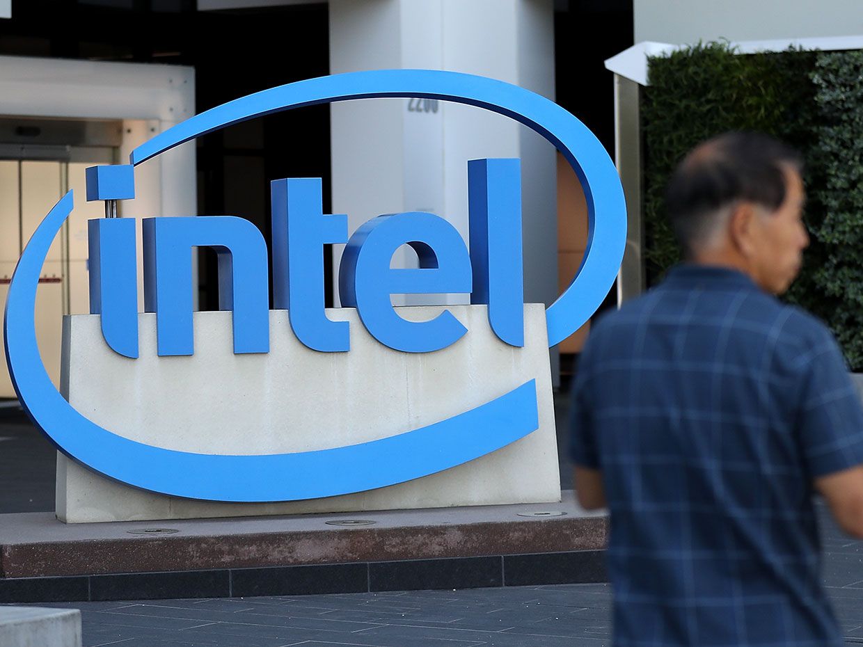 The Intel logo is displayed outside of the Intel headquarters on April 26, 2018 in Santa Clara, California.