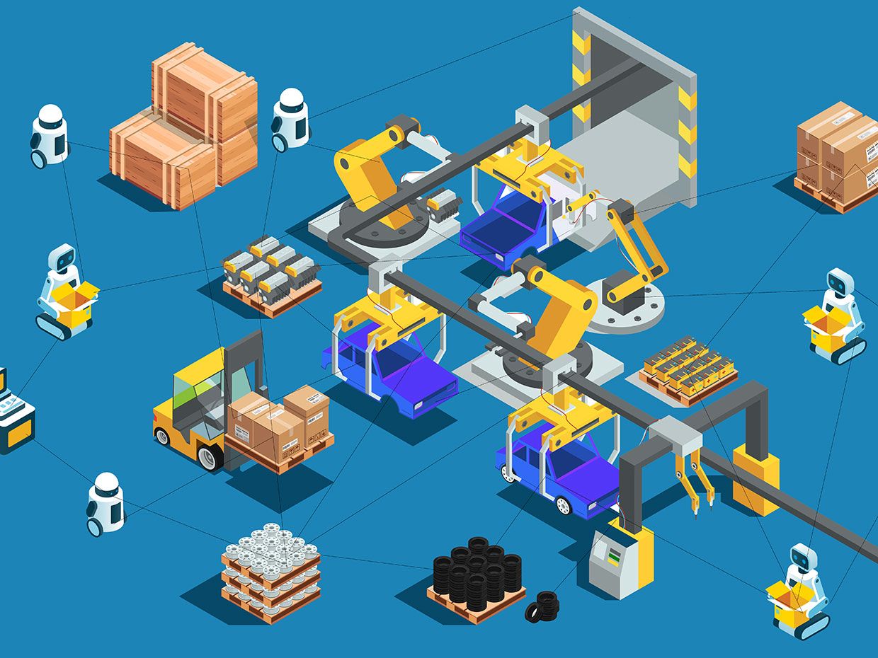 This illustration shows robots in a warehouse placing boxes on conveyor belts and operating various pieces of equipment.