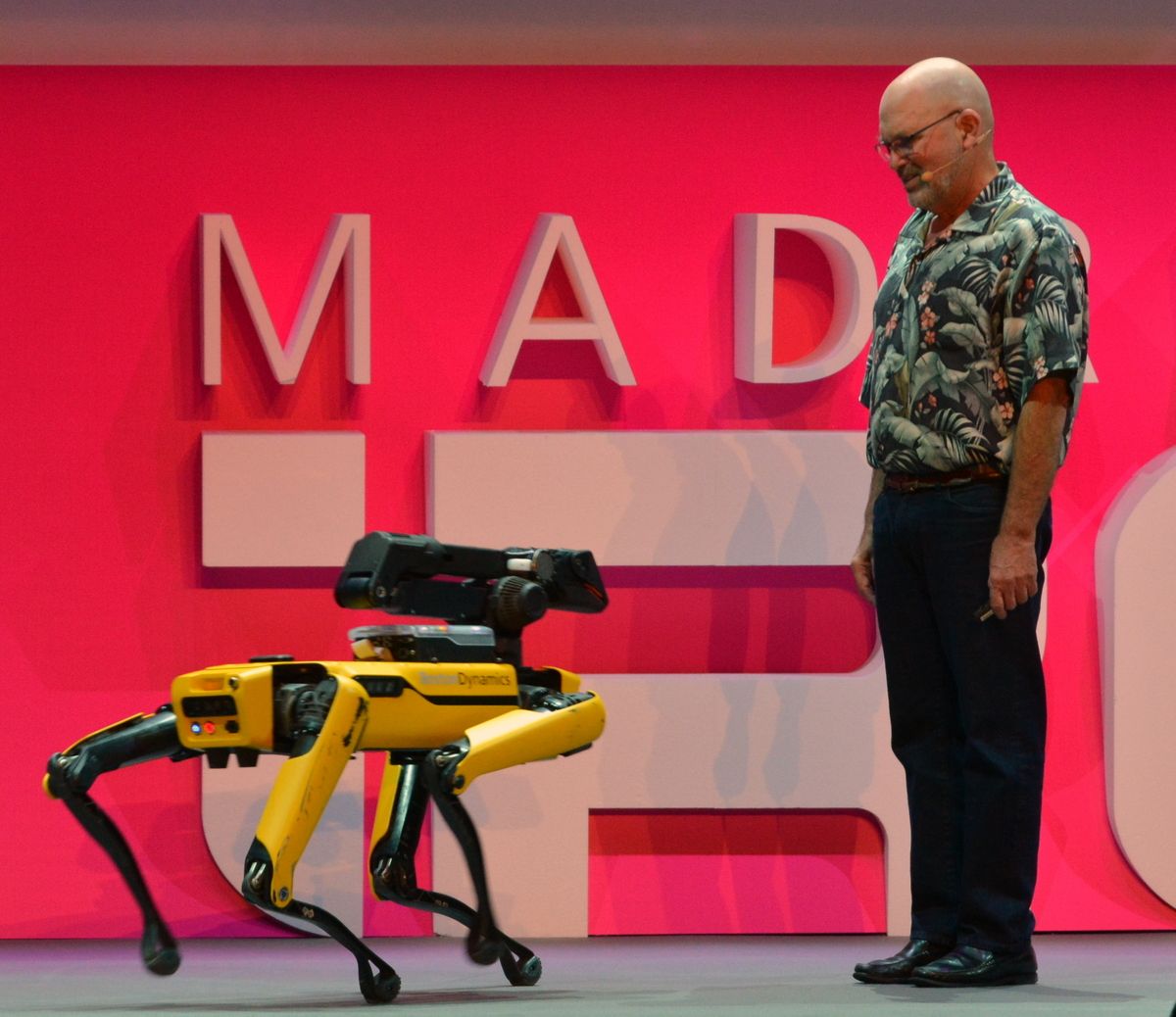 Marc Raibert with SpotMini robot from Boston Dynamics