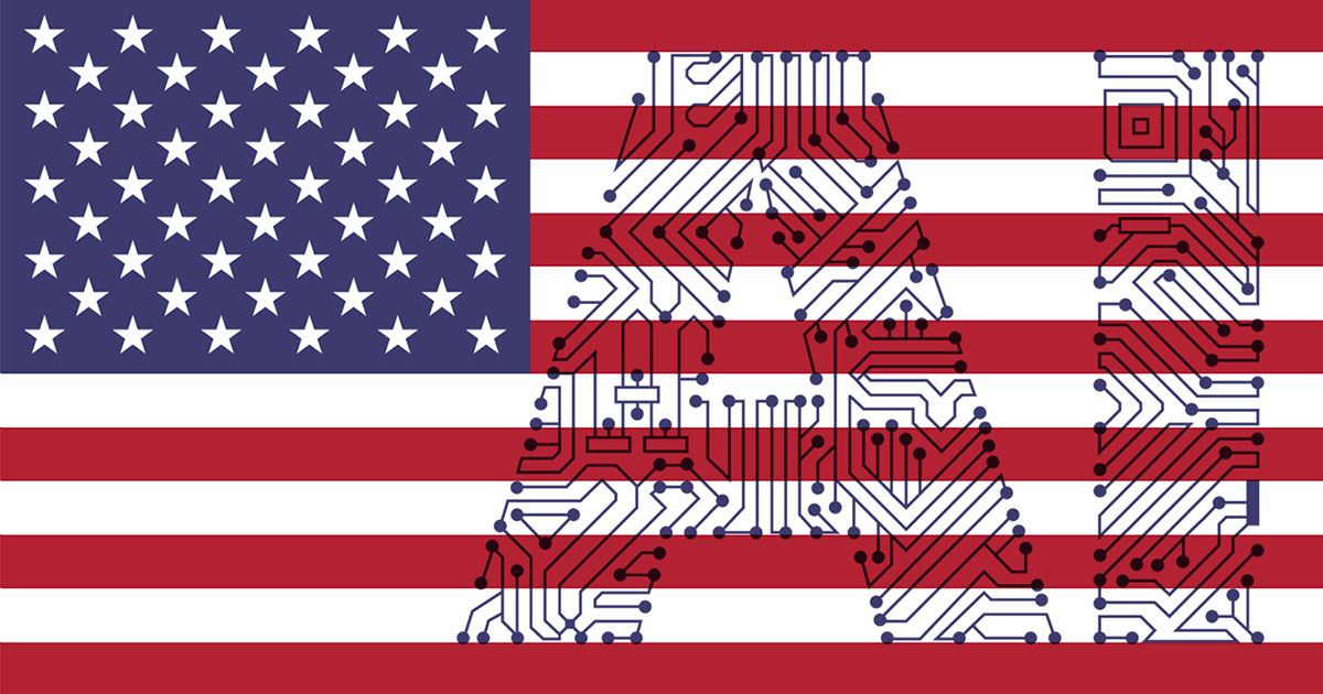 Illustration of an American flag with the letters AI on it in a circuit board style.