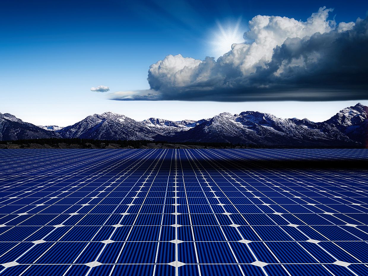 Illustration of solar panels stretching out to mountains and blue sky