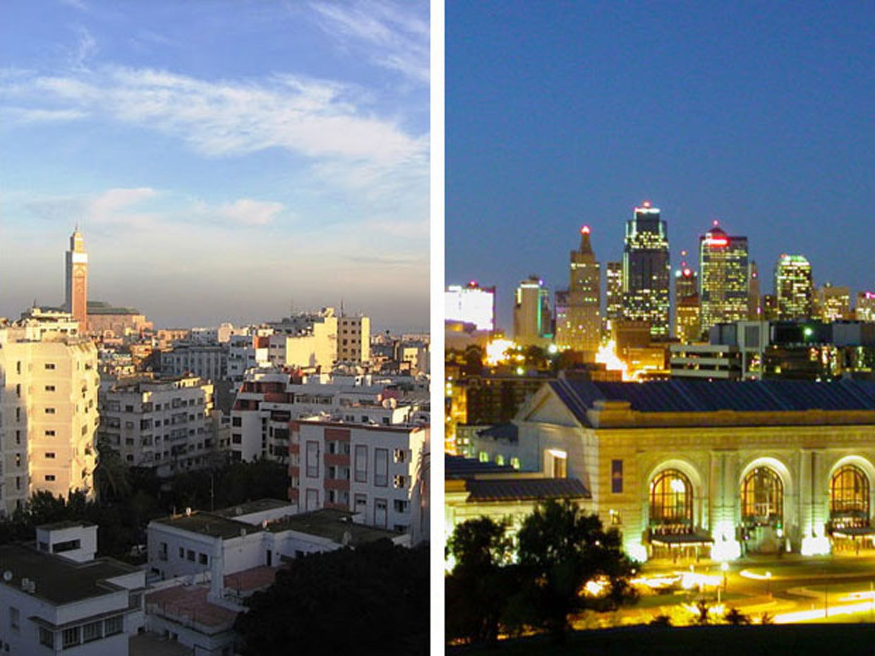 Photos of the cities of Casablanca and Kansas City.