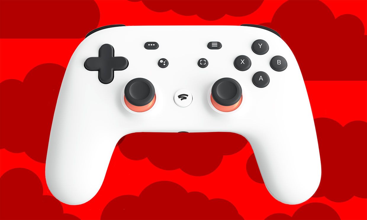 A Stadia controller on a YouTube red backdrop with cloud symbols