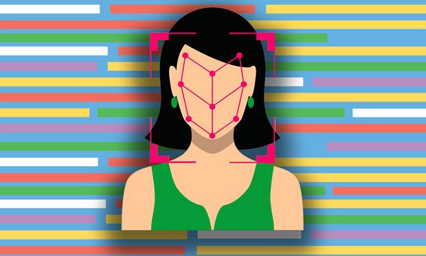 Illustration of person with her face being analyzed on an abstract code background.
