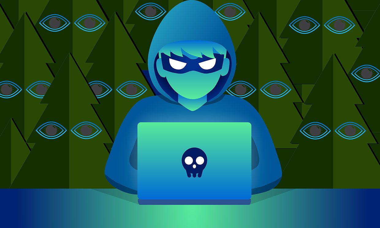 Illustration of a serial hijacker with a forest of trees with eyes in the background.