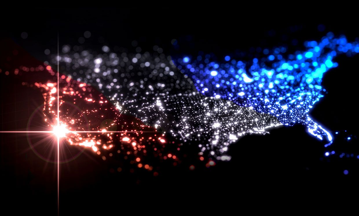 Map of the United States with a bright light shining from Silicon Valley