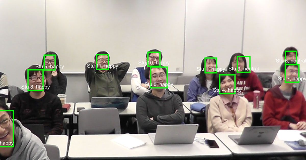Image of students in a classroom with green squares around their faces and an identification of their emotion, including Happy or Neutral.