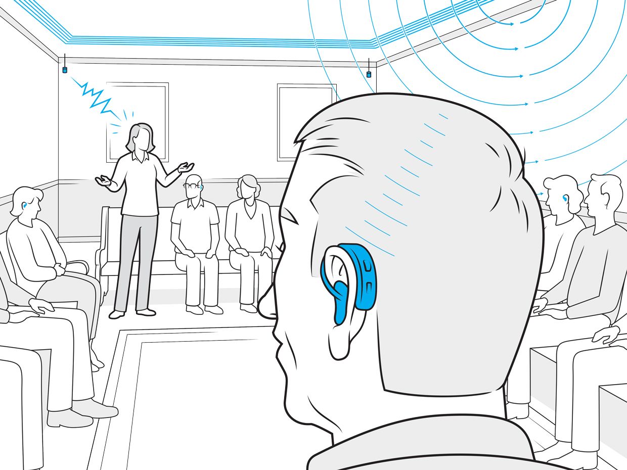 Illustration of man wearing audio transmitter listening to someone on other side of room.