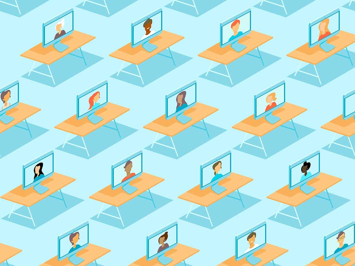 Illustration of people on monitors on desks.