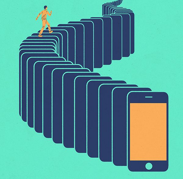 Illustration of a person walking up stairs made of smart phones.