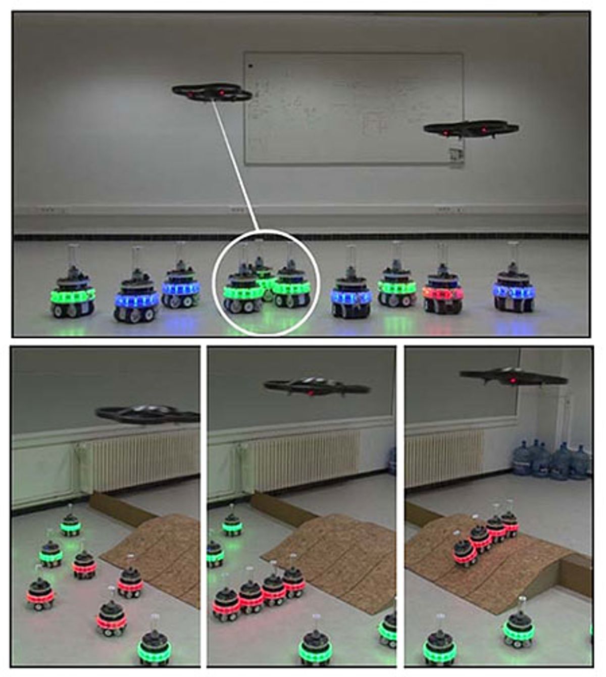 AR Drone Helps Swarm of Self-Assembling Robots to Overcome Obstacles