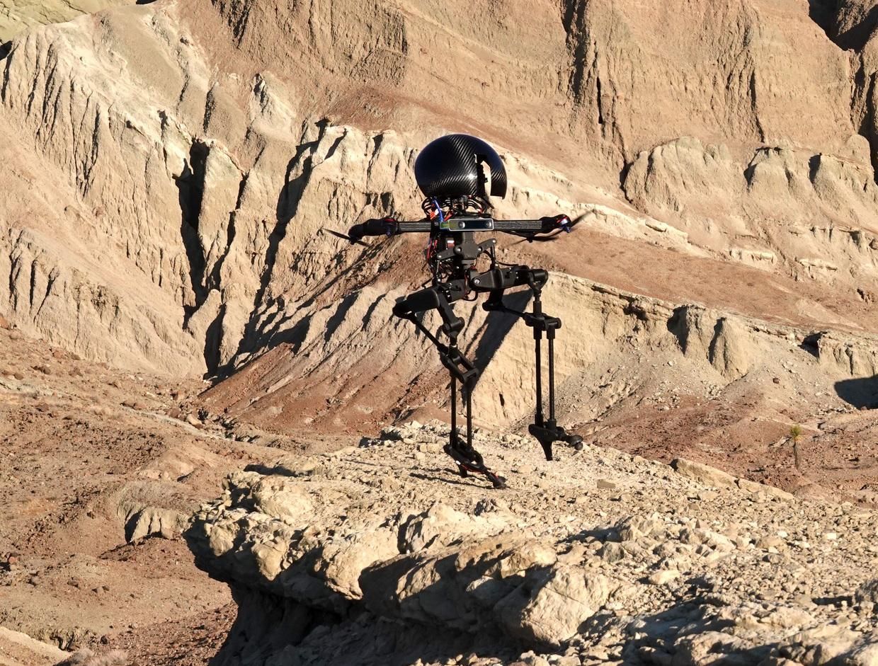 Robot with legs and propellers hovers above a rock formation