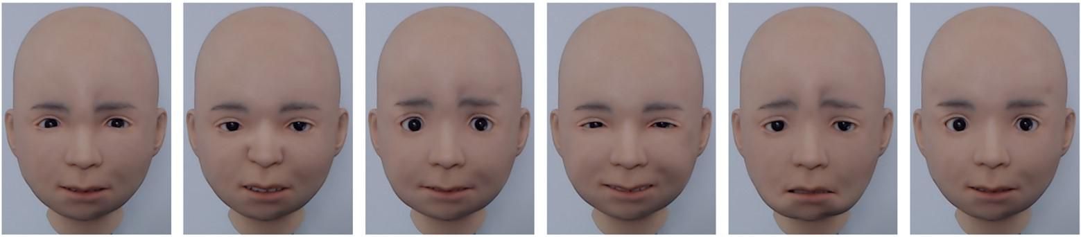 A series of six pictures showing the head of an android baby making different facial expressions