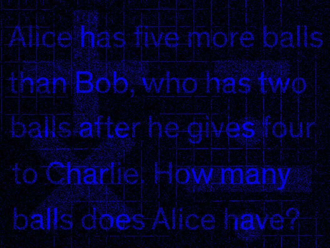 The words Alice has five more balls than Bob, who has two balls after he gives four to Charlie. How many balls does Alice have? in blue and distorted