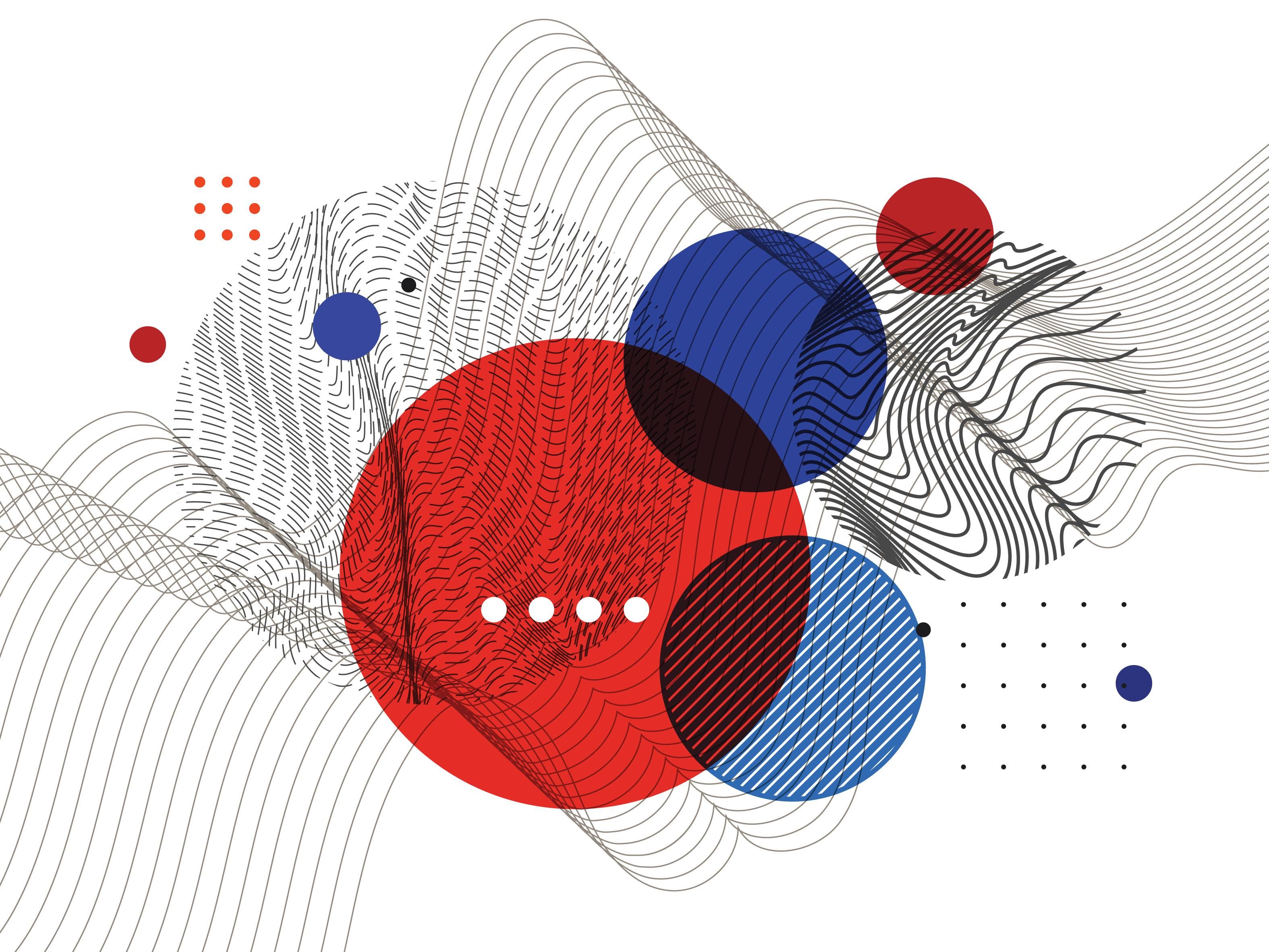 Red, white, and blue dots and larger circles amid wavy lines.