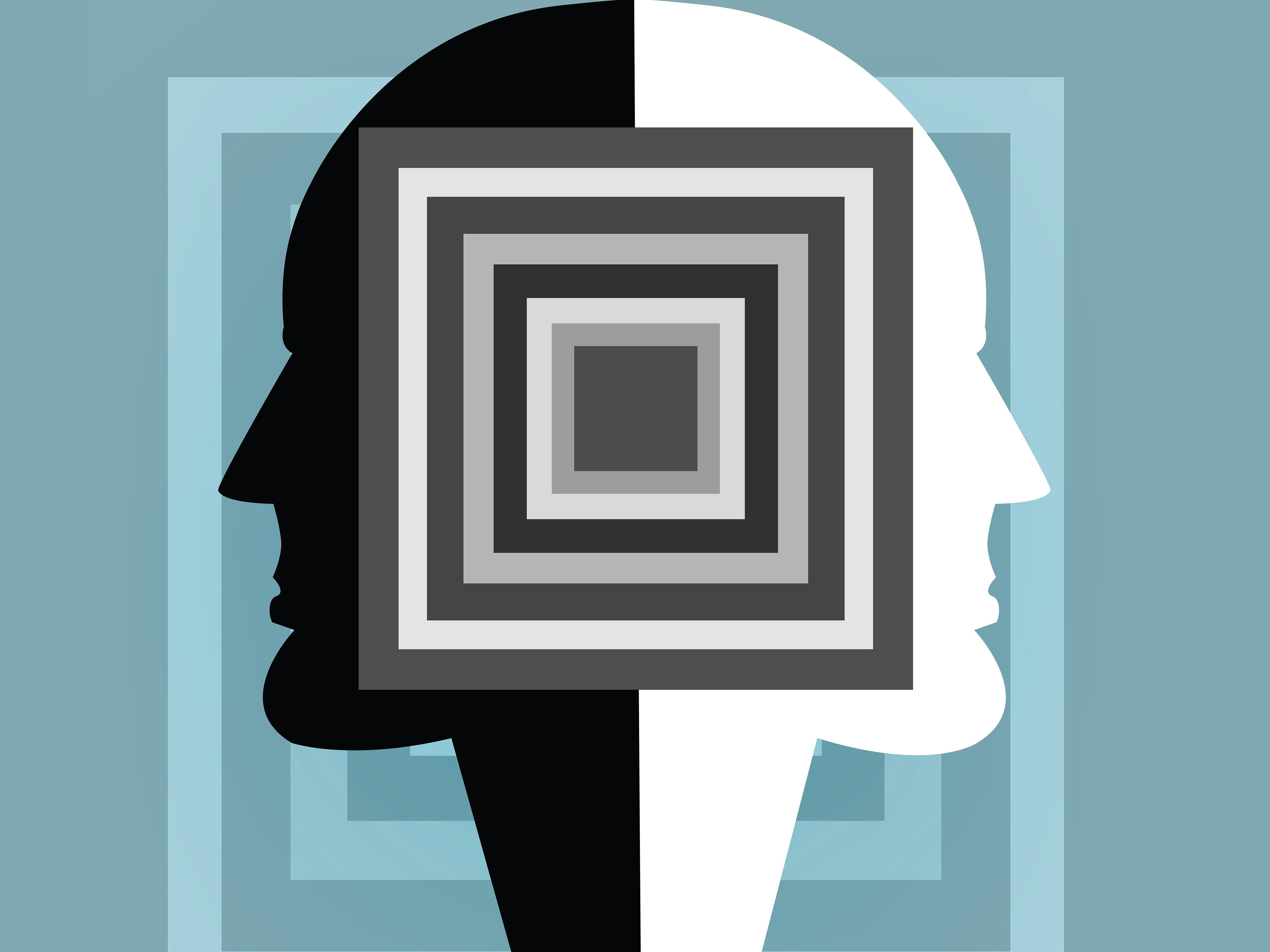 Conceptual illustration of two humanoid heads facing away from each other with a pattern of nested squares.