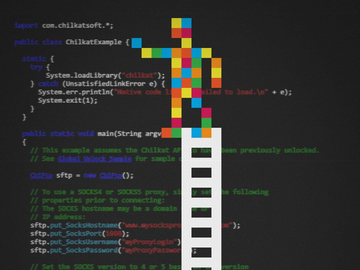 An illustration of a pixelated person on a ladder placing code.
