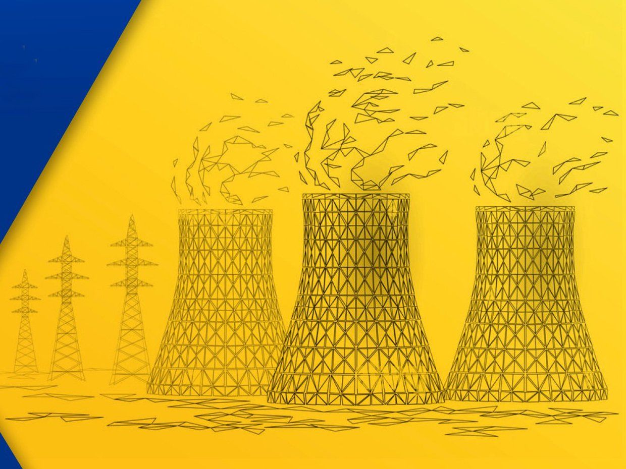 Illustration of wireframe nuclear reactors and electricity pylons with a yellow cast and blue triangles.
